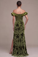 Laden Sie das Bild in den Galerie-Viewer, Olivfarbenes Puff-Off-the-Shoulder Meerjungfrauen Maxi Samtkleid mit Schlitz