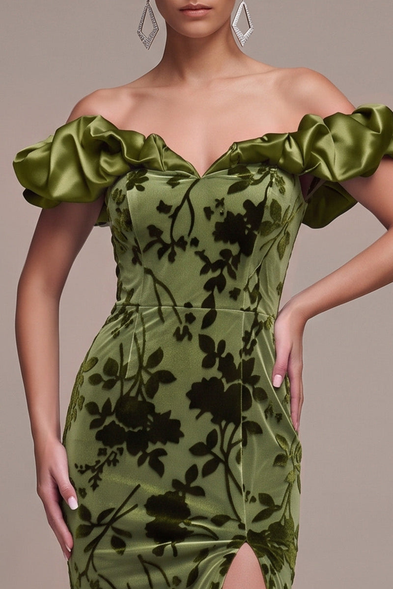 Laden Sie das Bild in den Galerie-Viewer, Olivfarbenes Puff-Off-the-Shoulder Meerjungfrauen Maxi Samtkleid mit Schlitz