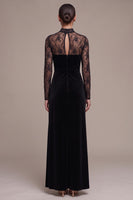 Laden Sie das Bild in den Galerie-Viewer, Schwarzes Sheath High Neck Spitze Maxi-Samtkleid mit langen Ärmeln und Schlitz