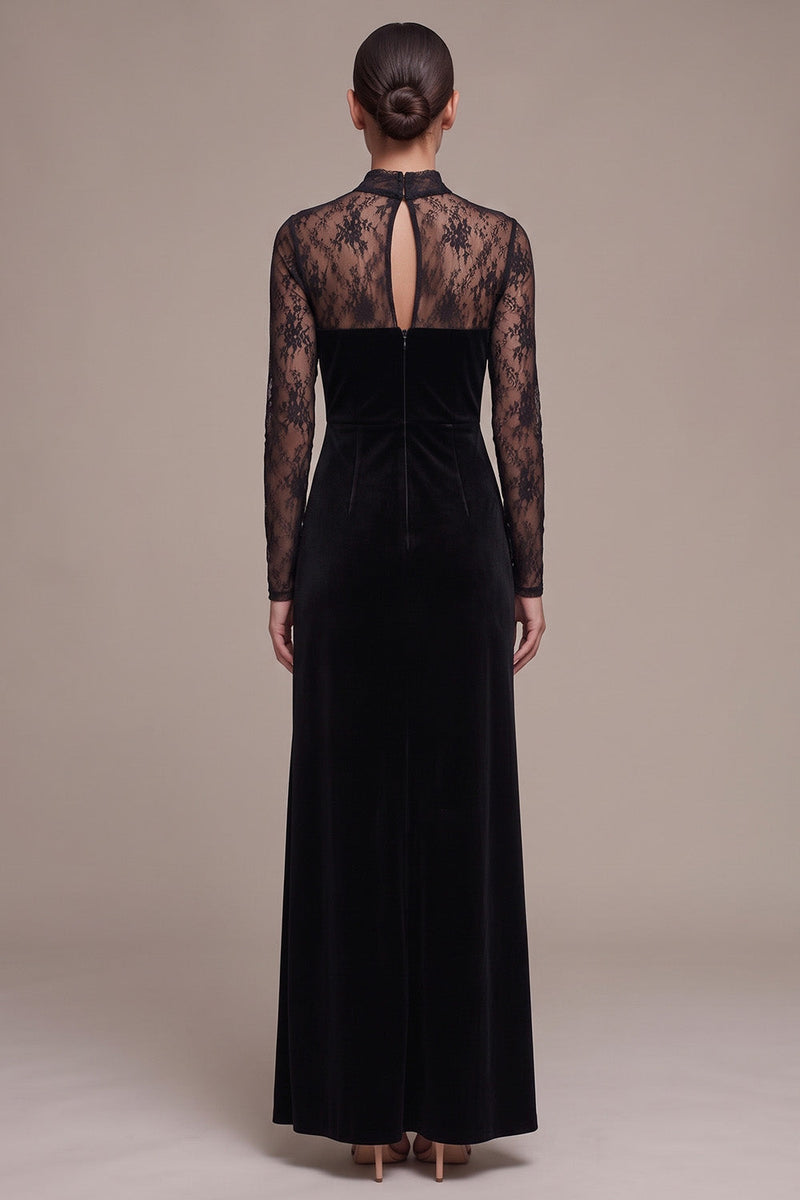 Laden Sie das Bild in den Galerie-Viewer, Schwarzes Sheath High Neck Spitze Maxi-Samtkleid mit langen Ärmeln und Schlitz