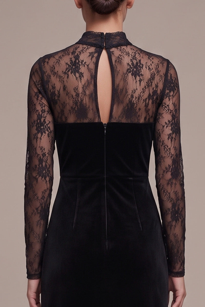 Laden Sie das Bild in den Galerie-Viewer, Schwarzes Sheath High Neck Spitze Maxi-Samtkleid mit langen Ärmeln und Schlitz