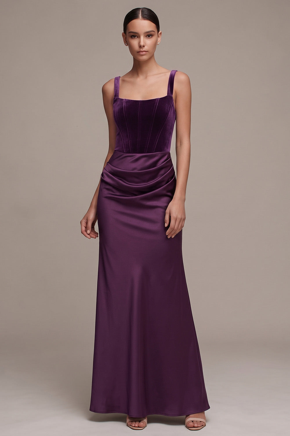 Pflaumen Korsett Scheide Satin Quadrathals Gerafftes Langes Samt Kleid