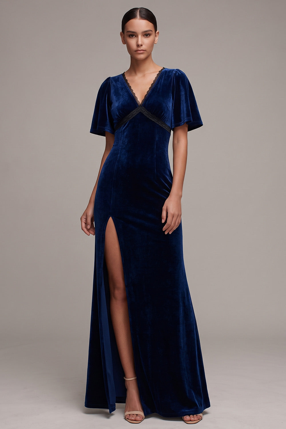 Marineblaues Scheide V-Ausschnitt Spitze Flatterärmel Maxi Samtkleid mit Schlitz