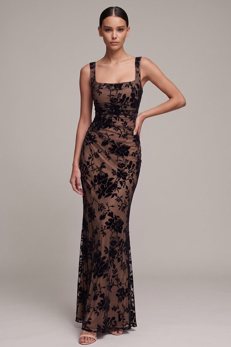 Laden Sie das Bild in den Galerie-Viewer, Kaffee Meerjungfrauen Floral Quadrathals Maxi Samtkleid