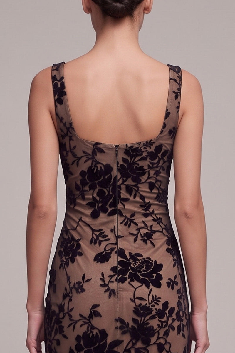 Laden Sie das Bild in den Galerie-Viewer, Kaffee Meerjungfrauen Floral Quadrathals Maxi Samtkleid