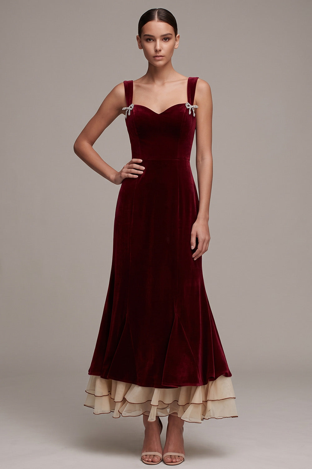 Burgunderrotes Meerjungfrauen Sweetheart Rüschen Midi Samtkleid mit Schleife