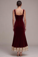 Laden Sie das Bild in den Galerie-Viewer, Burgunderrotes Meerjungfrauen Sweetheart Rüschen Midi Samtkleid mit Schleife