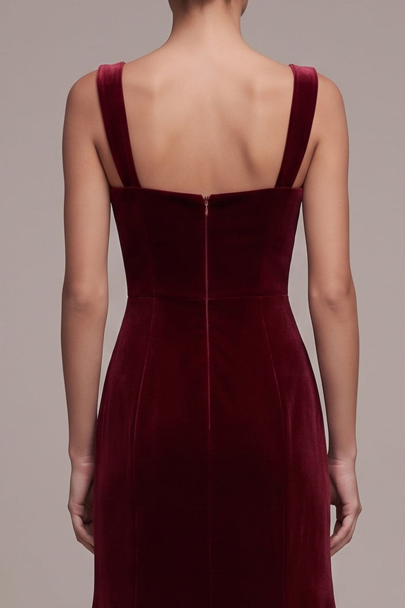 Laden Sie das Bild in den Galerie-Viewer, Burgunderrotes Meerjungfrauen Sweetheart Rüschen Midi Samtkleid mit Schleife