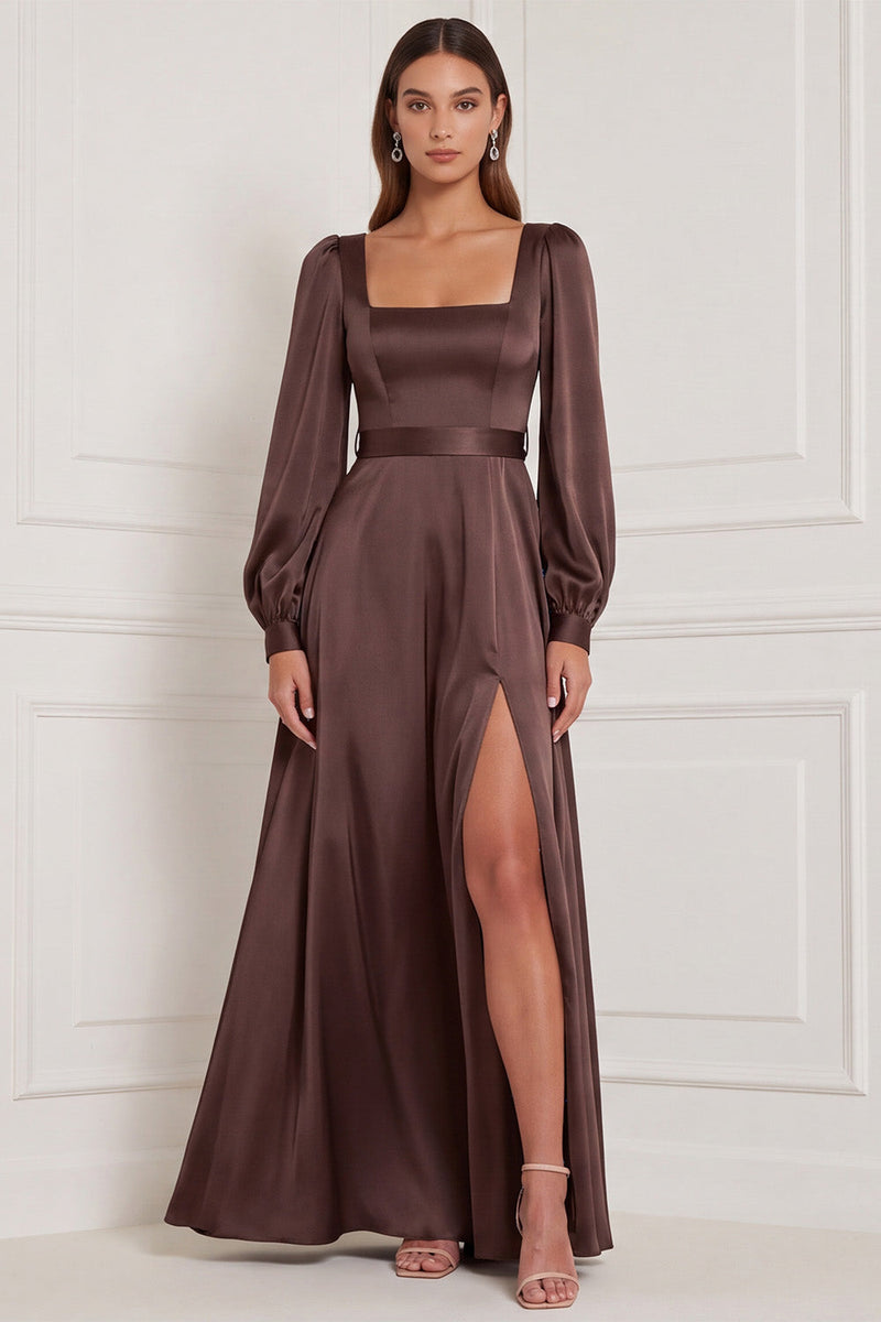 Laden Sie das Bild in den Galerie-Viewer, Espresso Quadrathals A-Linie Satin Maxi Brautjungfernkleid mit Schlitz