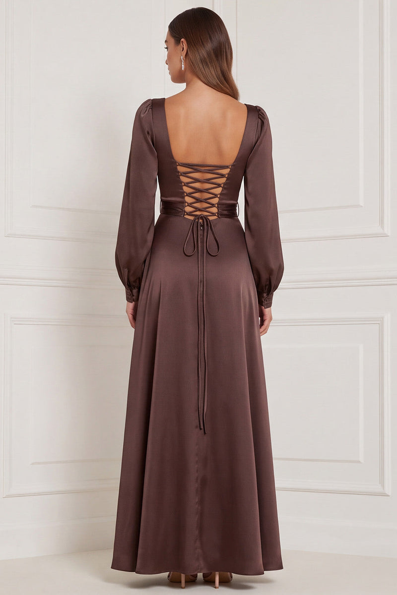 Laden Sie das Bild in den Galerie-Viewer, Espresso Quadrathals A-Linie Satin Maxi Brautjungfernkleid mit Schlitz