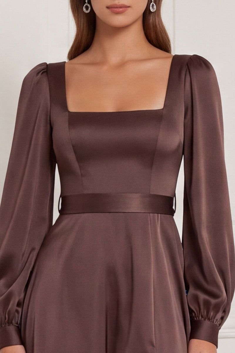 Laden Sie das Bild in den Galerie-Viewer, Espresso Quadrathals A-Linie Satin Maxi Brautjungfernkleid mit Schlitz