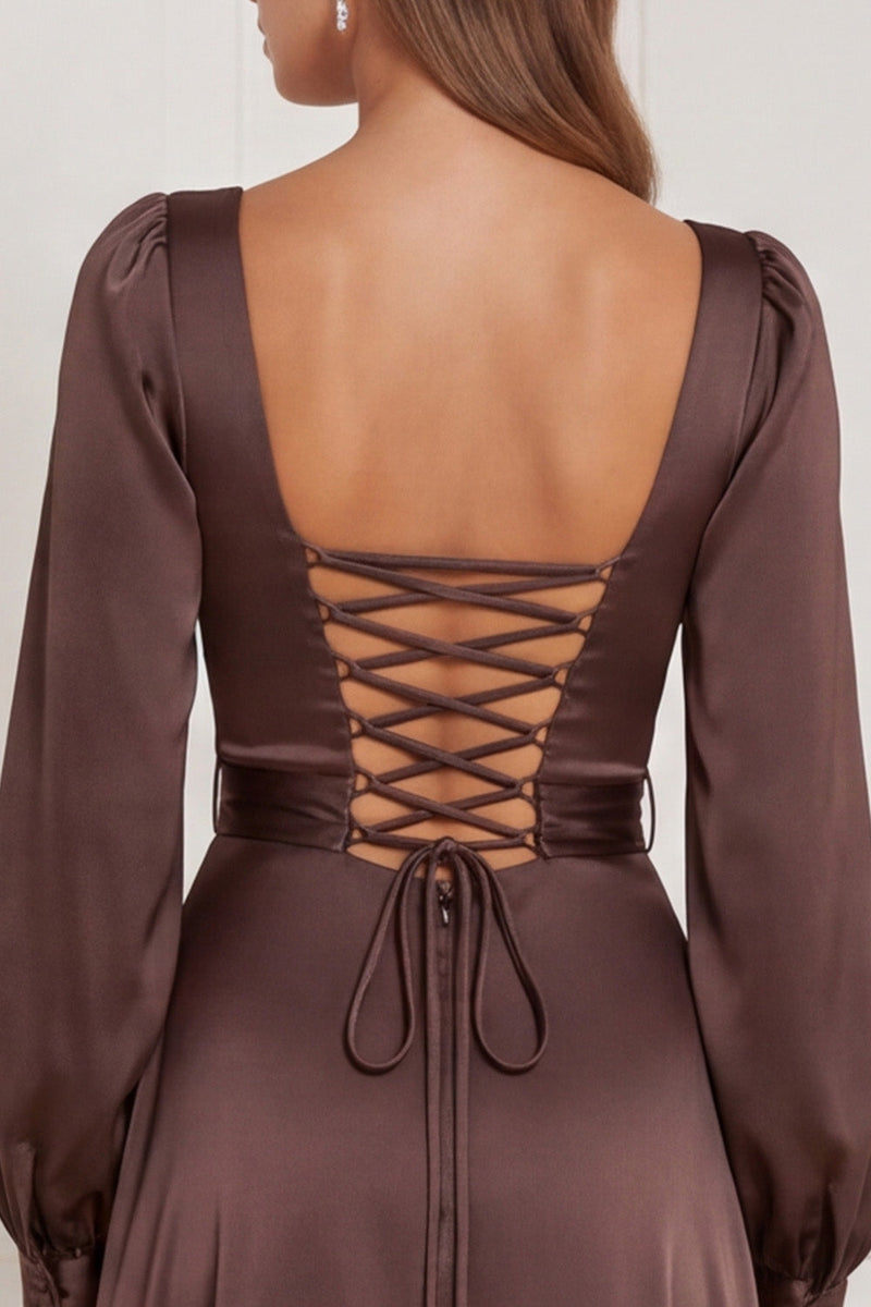 Laden Sie das Bild in den Galerie-Viewer, Espresso Quadrathals A-Linie Satin Maxi Brautjungfernkleid mit Schlitz