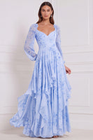 Laden Sie das Bild in den Galerie-Viewer, A-Linie Gestuftes V-Ausschnitt Langarmiges Salbei Chiffon Brautjungfernkleid mit Rüschen