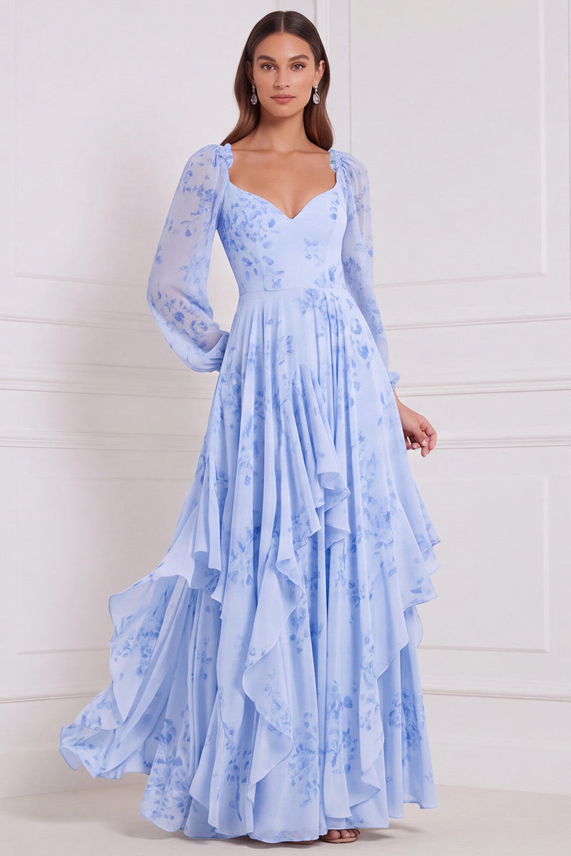 Laden Sie das Bild in den Galerie-Viewer, A-Linie Gestuftes V-Ausschnitt Langarmiges Salbei Chiffon Brautjungfernkleid mit Rüschen