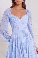 Laden Sie das Bild in den Galerie-Viewer, A-Linie Gestuftes V-Ausschnitt Langarmiges Salbei Chiffon Brautjungfernkleid mit Rüschen