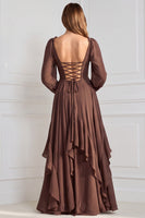 Laden Sie das Bild in den Galerie-Viewer, A-Linie Gestuftes V-Ausschnitt Langarmiges Salbei Chiffon Brautjungfernkleid mit Rüschen