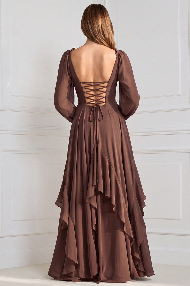 Laden Sie das Bild in den Galerie-Viewer, A-Linie Gestuftes V-Ausschnitt Langarmiges Salbei Chiffon Brautjungfernkleid mit Rüschen