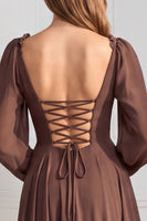 Laden Sie das Bild in den Galerie-Viewer, A-Linie Gestuftes V-Ausschnitt Langarmiges Salbei Chiffon Brautjungfernkleid mit Rüschen
