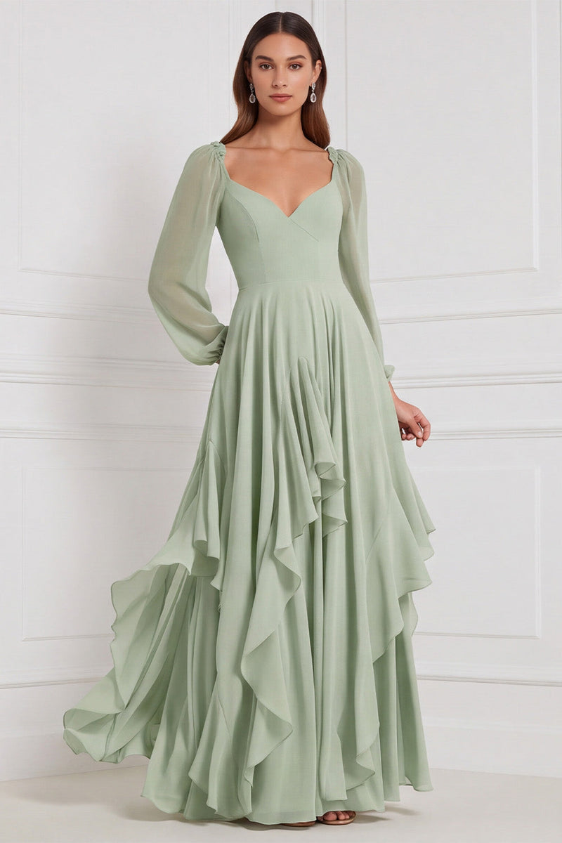 Laden Sie das Bild in den Galerie-Viewer, A-Linie Gestuftes V-Ausschnitt Langarmiges Salbei Chiffon Brautjungfernkleid mit Rüschen