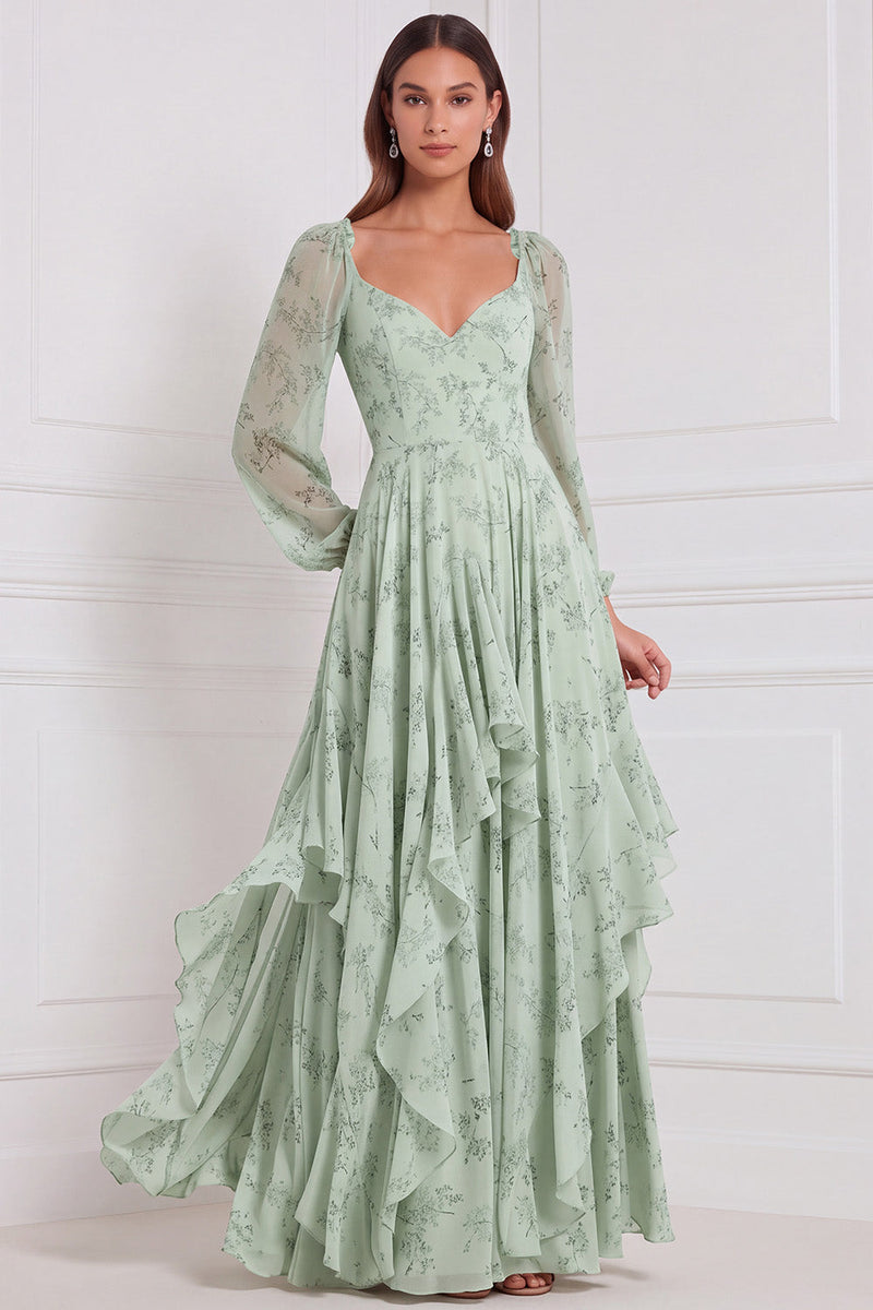 Laden Sie das Bild in den Galerie-Viewer, A-Linie Gestuftes V-Ausschnitt Langarmiges Salbei Chiffon Brautjungfernkleid mit Rüschen