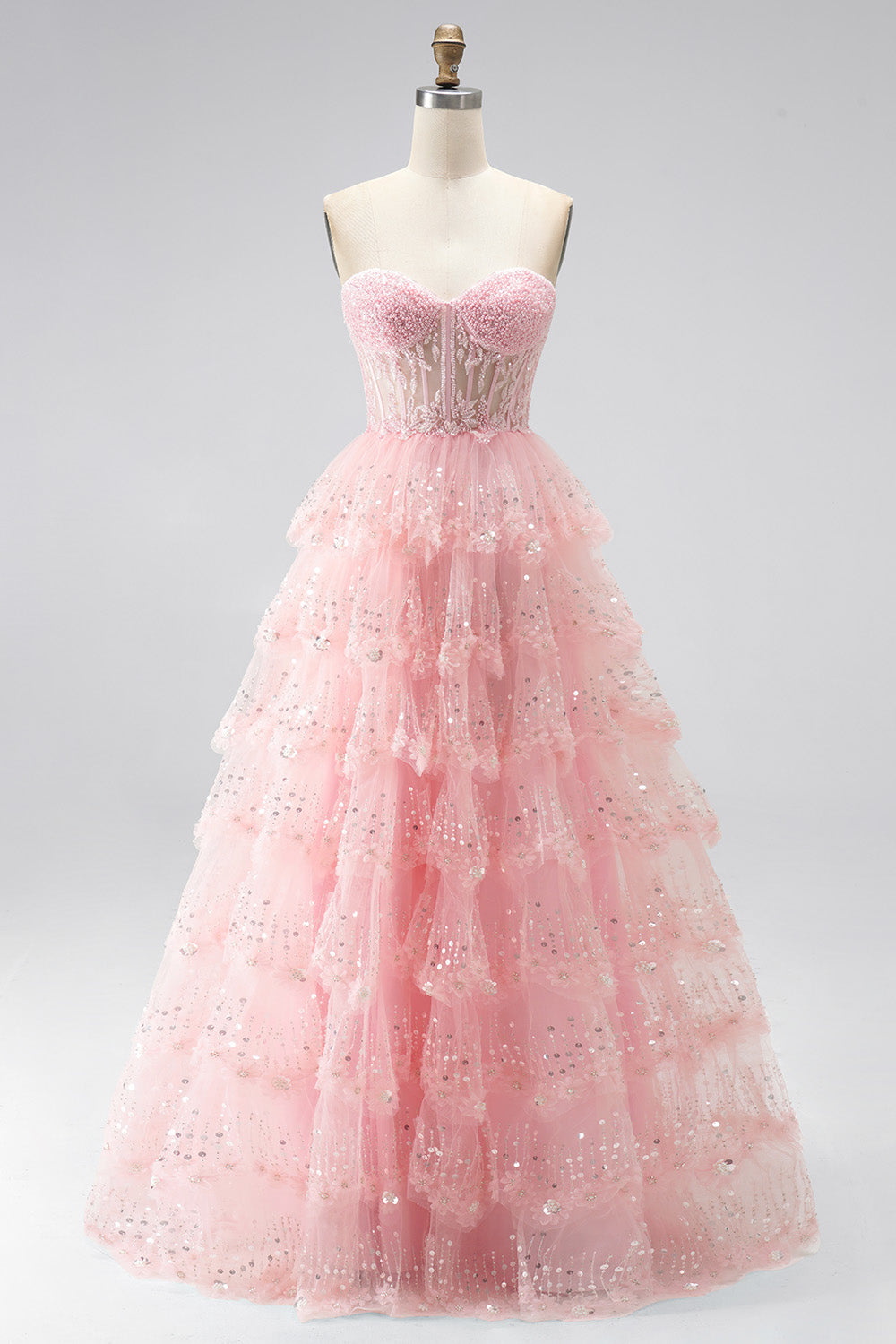 Glitzer Rosa Pailletten Gestuft Rüschen Tüll Transparent Corsage A-Linien Ohne Träger Langes Abiballkleid mit Perlenbesatz