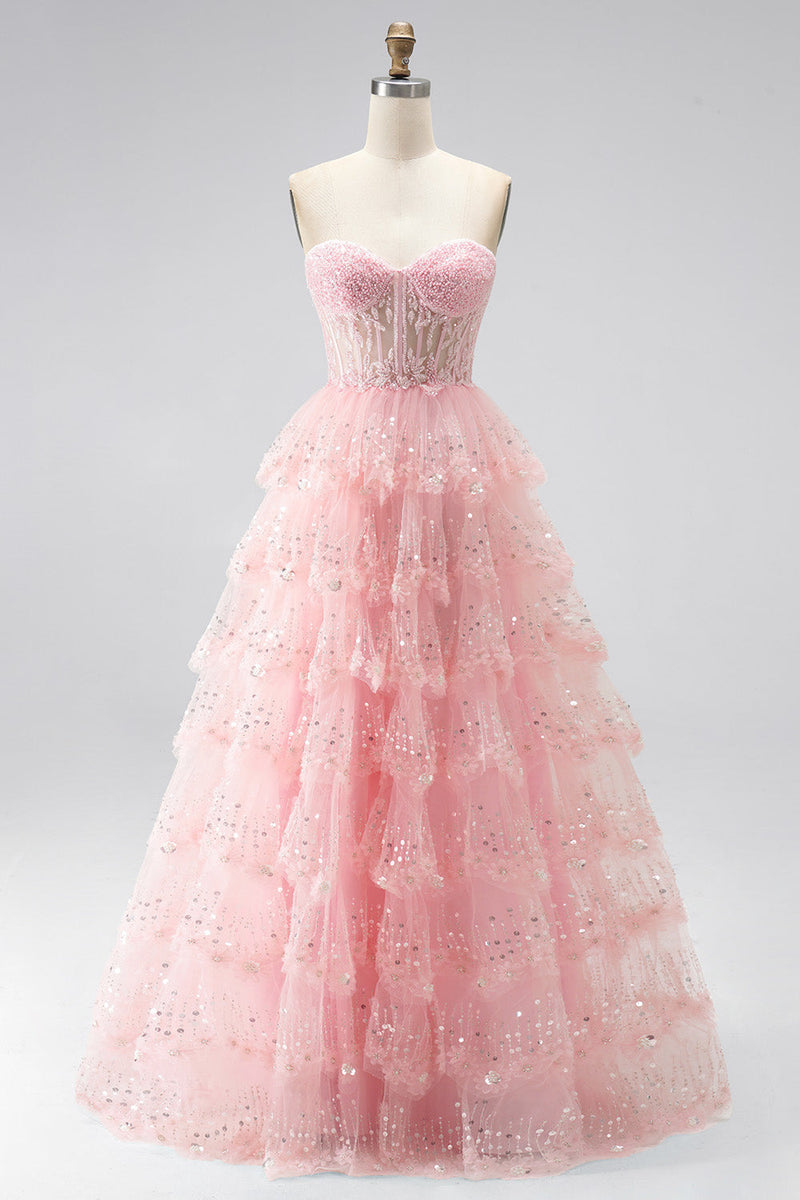 Laden Sie das Bild in den Galerie-Viewer, Glitzer Rosa Pailletten Gestuft Rüschen Tüll Transparent Corsage A-Linien Ohne Träger Langes Abiballkleid mit Perlenbesatz