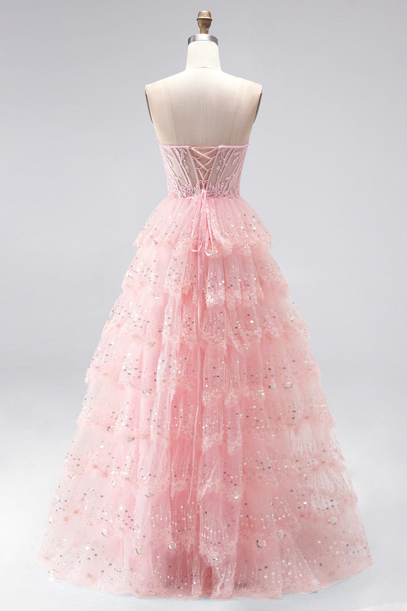 Laden Sie das Bild in den Galerie-Viewer, Glitzer Rosa Pailletten Gestuft Rüschen Tüll Transparent Corsage A-Linien Ohne Träger Langes Abiballkleid mit Perlenbesatz