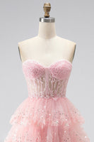Laden Sie das Bild in den Galerie-Viewer, Glitzer Rosa Pailletten Gestuft Rüschen Tüll Transparent Corsage A-Linien Ohne Träger Langes Abiballkleid mit Perlenbesatz