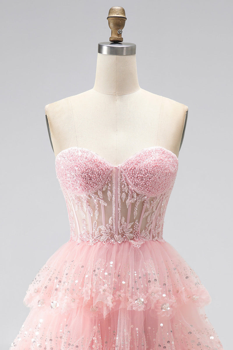 Laden Sie das Bild in den Galerie-Viewer, Glitzer Rosa Pailletten Gestuft Rüschen Tüll Transparent Corsage A-Linien Ohne Träger Langes Abiballkleid mit Perlenbesatz