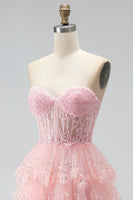 Laden Sie das Bild in den Galerie-Viewer, Glitzer Rosa Pailletten Gestuft Rüschen Tüll Transparent Corsage A-Linien Ohne Träger Langes Abiballkleid mit Perlenbesatz