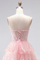 Laden Sie das Bild in den Galerie-Viewer, Glitzer Rosa Pailletten Gestuft Rüschen Tüll Transparent Corsage A-Linien Ohne Träger Langes Abiballkleid mit Perlenbesatz