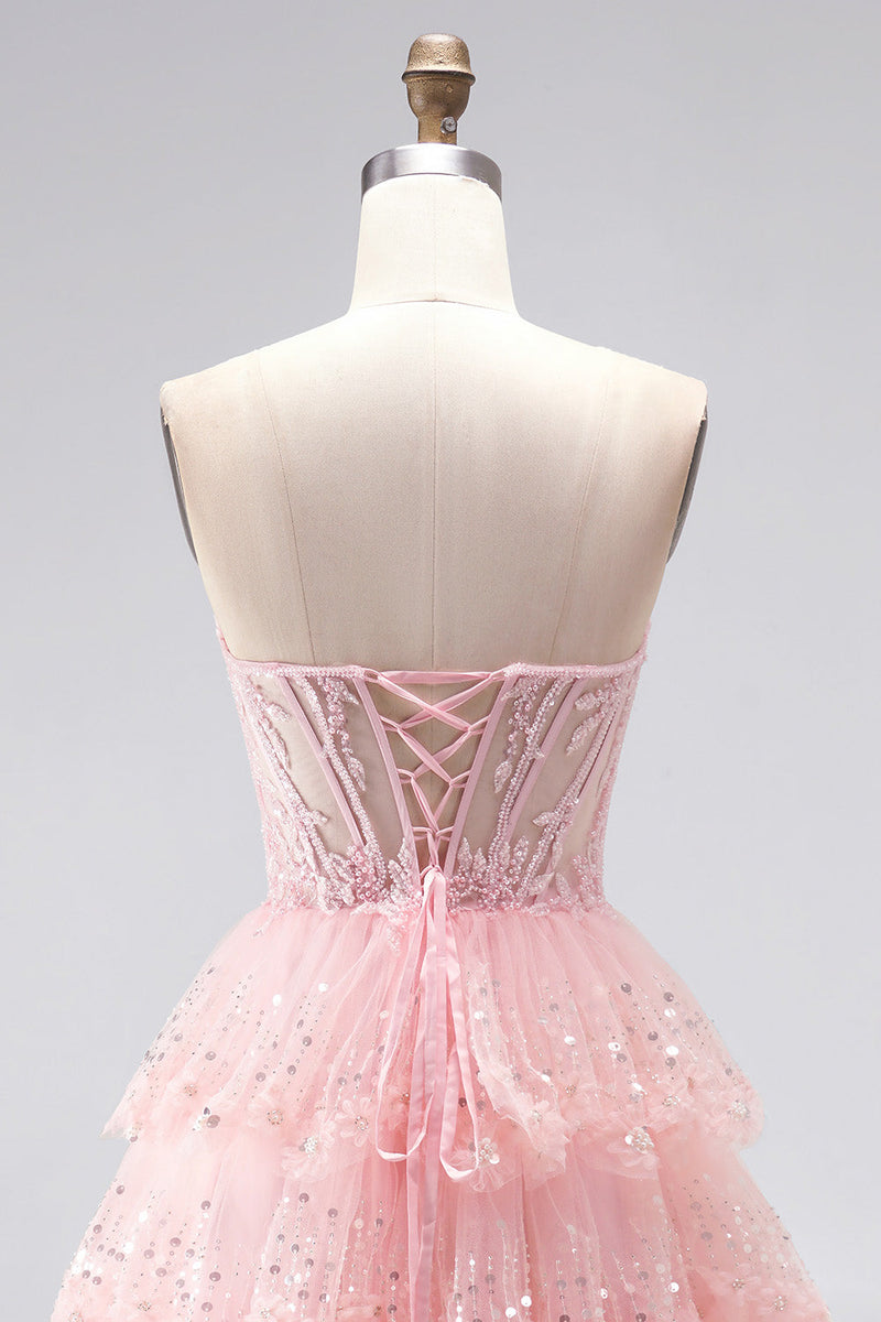Laden Sie das Bild in den Galerie-Viewer, Glitzer Rosa Pailletten Gestuft Rüschen Tüll Transparent Corsage A-Linien Ohne Träger Langes Abiballkleid mit Perlenbesatz