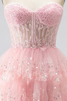 Laden Sie das Bild in den Galerie-Viewer, Glitzer Rosa Pailletten Gestuft Rüschen Tüll Transparent Corsage A-Linien Ohne Träger Langes Abiballkleid mit Perlenbesatz