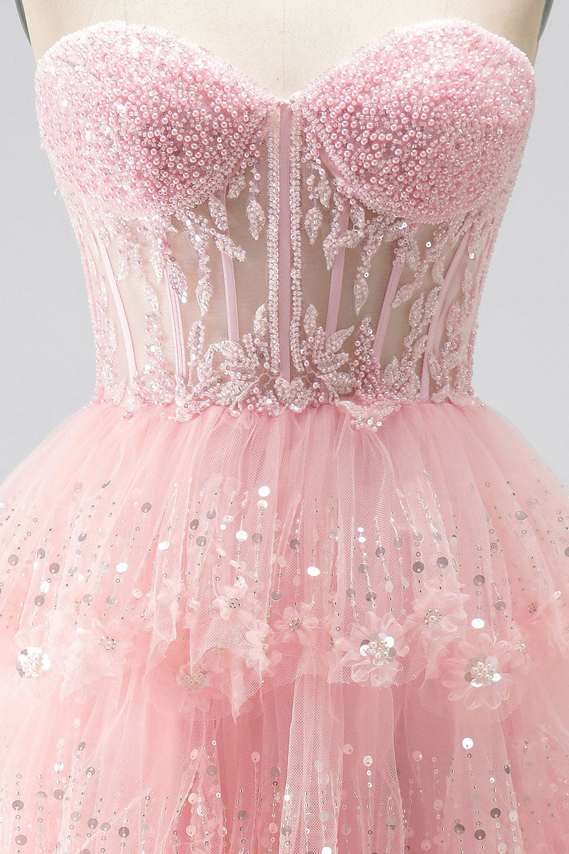 Laden Sie das Bild in den Galerie-Viewer, Glitzer Rosa Pailletten Gestuft Rüschen Tüll Transparent Corsage A-Linien Ohne Träger Langes Abiballkleid mit Perlenbesatz