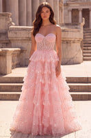 Laden Sie das Bild in den Galerie-Viewer, Glitzer Rosa Pailletten Gestuft Rüschen Tüll Transparent Corsage A-Linien Ohne Träger Langes Abiballkleid mit Perlenbesatz