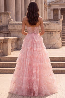 Laden Sie das Bild in den Galerie-Viewer, Glitzer Rosa Pailletten Gestuft Rüschen Tüll Transparent Corsage A-Linien Ohne Träger Langes Abiballkleid mit Perlenbesatz