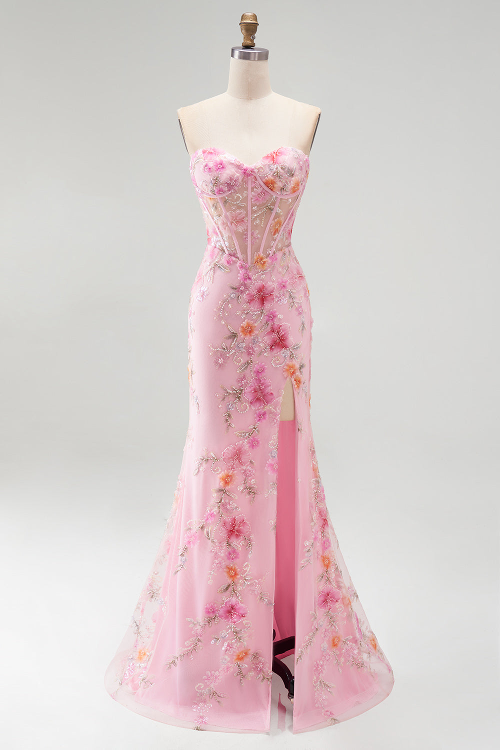 Rosa Ohne Träger Corsage Meerjungfrau Pailletten Perlenbesatz Langes Abiballkleid mit Schlitz