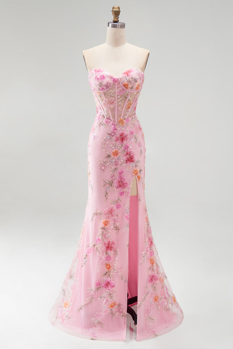 Laden Sie das Bild in den Galerie-Viewer, Rosa Ohne Träger Corsage Meerjungfrau Pailletten Perlenbesatz Langes Abiballkleid mit Schlitz