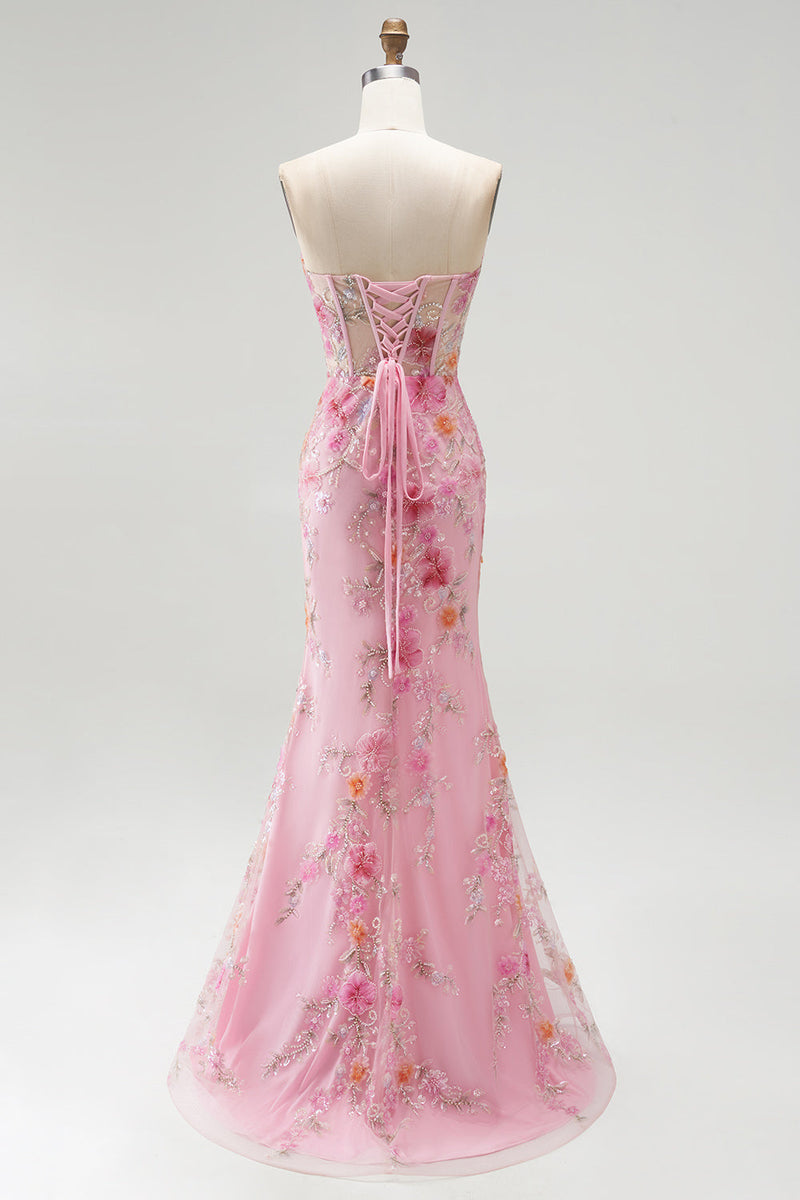 Laden Sie das Bild in den Galerie-Viewer, Rosa Ohne Träger Corsage Meerjungfrau Pailletten Perlenbesatz Langes Abiballkleid mit Schlitz