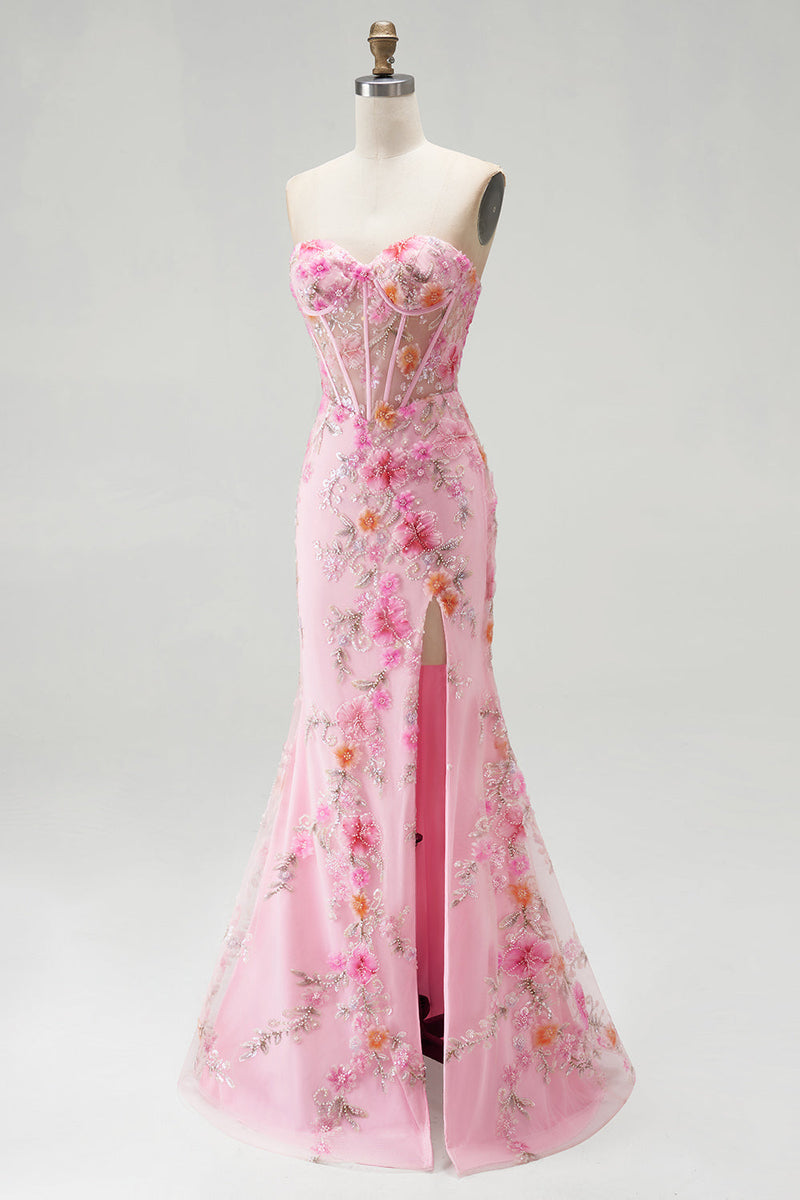 Laden Sie das Bild in den Galerie-Viewer, Rosa Ohne Träger Corsage Meerjungfrau Pailletten Perlenbesatz Langes Abiballkleid mit Schlitz