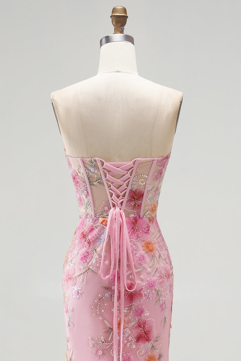 Laden Sie das Bild in den Galerie-Viewer, Rosa Ohne Träger Corsage Meerjungfrau Pailletten Perlenbesatz Langes Abiballkleid mit Schlitz