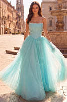 Laden Sie das Bild in den Galerie-Viewer, Mint Korsett Perlen Trägerloses A-Linie Satin Langes Ballkleid
