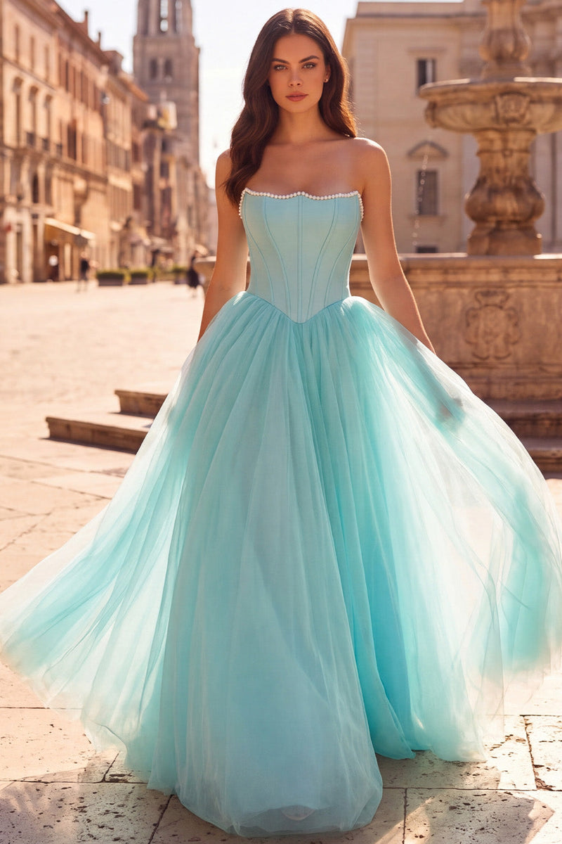 Laden Sie das Bild in den Galerie-Viewer, Mint Korsett Perlen Trägerloses A-Linie Satin Langes Ballkleid