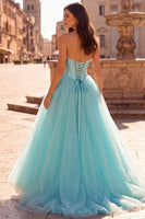 Laden Sie das Bild in den Galerie-Viewer, Mint Korsett Perlen Trägerloses A-Linie Satin Langes Ballkleid