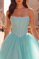 Laden Sie das Bild in den Galerie-Viewer, Mint Korsett Perlen Trägerloses A-Linie Satin Langes Ballkleid