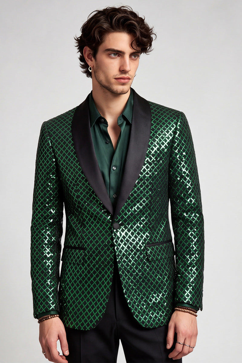 Laden Sie das Bild in den Galerie-Viewer, Schal Revers Smaragdgrüner Einknopf Blazer für Herrenabschlussball