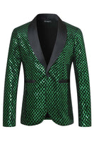 Laden Sie das Bild in den Galerie-Viewer, Schal Revers Smaragdgrüner Einknopf Blazer für Herrenabschlussball