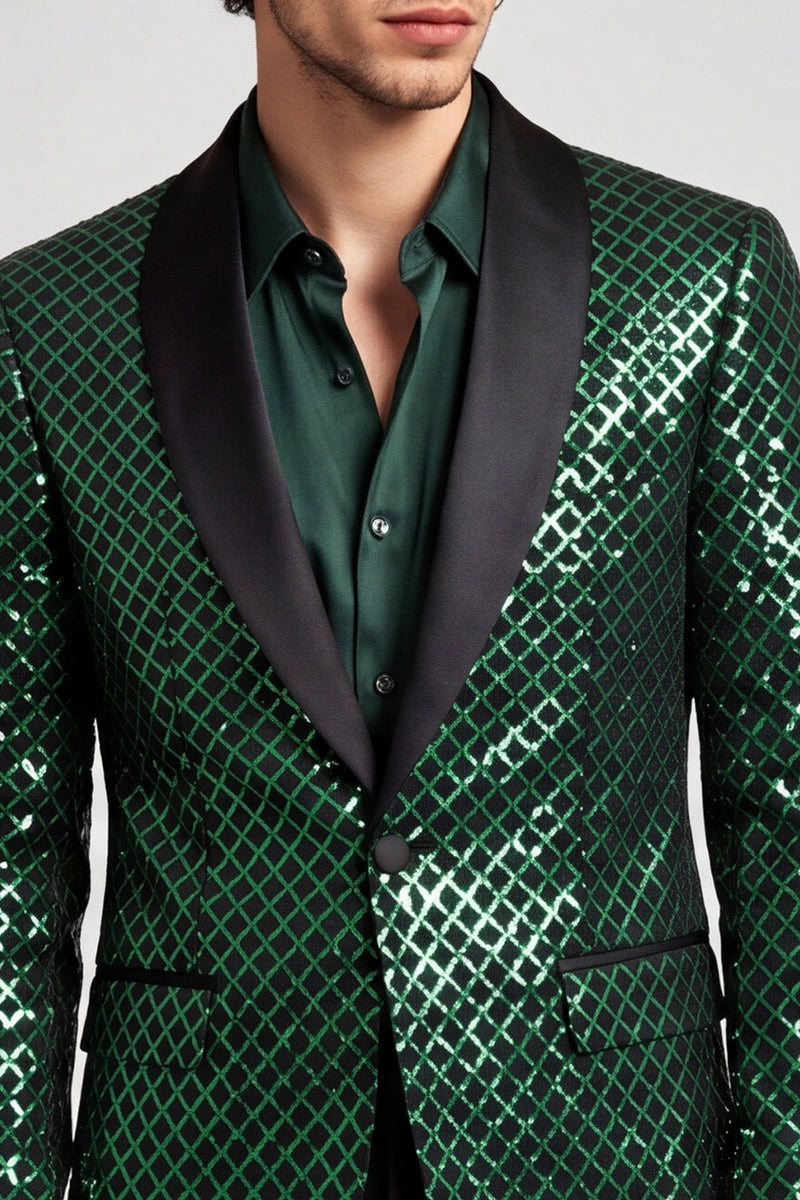Laden Sie das Bild in den Galerie-Viewer, Schal Revers Smaragdgrüner Einknopf Blazer für Herrenabschlussball