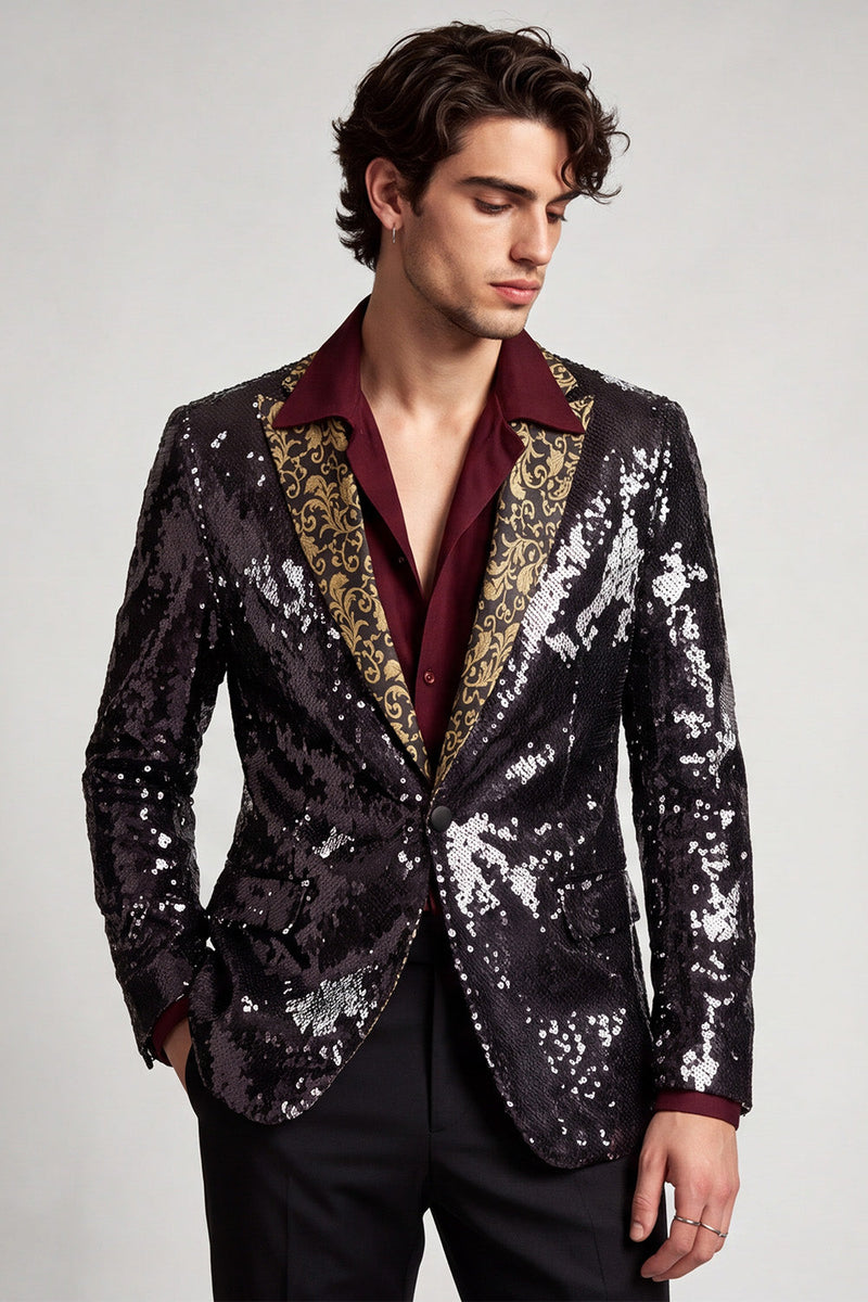 Laden Sie das Bild in den Galerie-Viewer, Peak Revers Ein-Knopf Schwarzer Pailletten Blazer Herren Ball Blazer