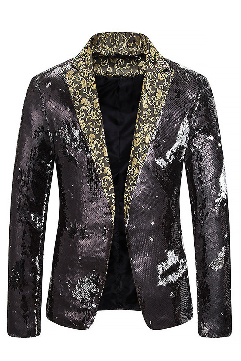 Laden Sie das Bild in den Galerie-Viewer, Peak Revers Ein-Knopf Schwarzer Pailletten Blazer Herren Ball Blazer